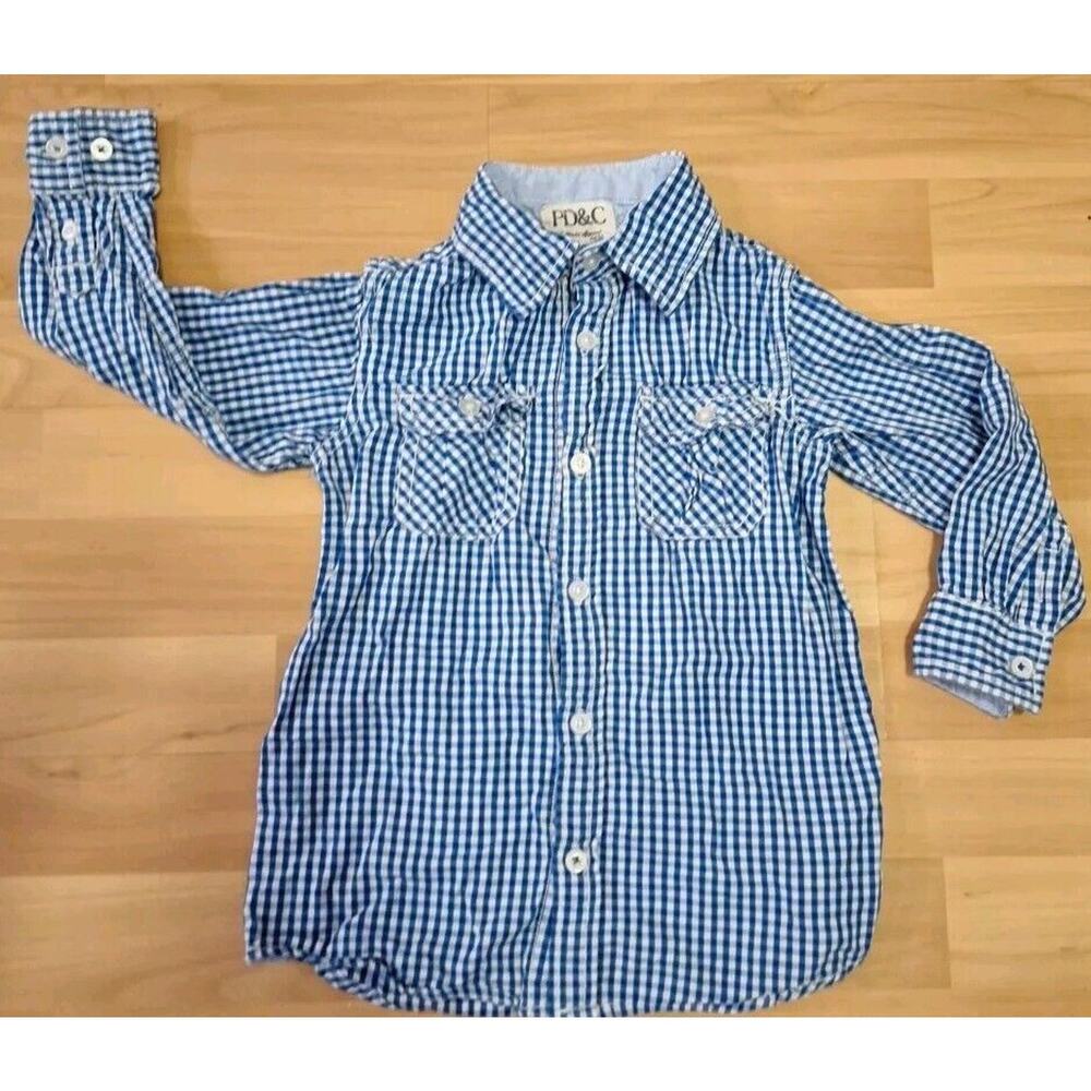 Pd&c Boys Blue & White Plaid Collared Long Sleeve Button-Down Shirt 4T